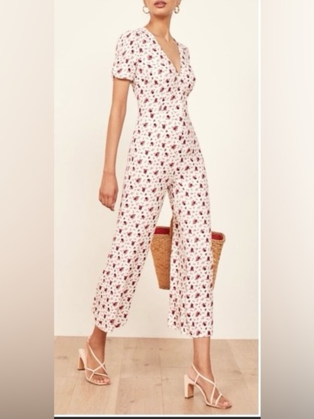 Reformation Cream Floral Short-Sleeve V-Neck Cropped Jumpsuit‎